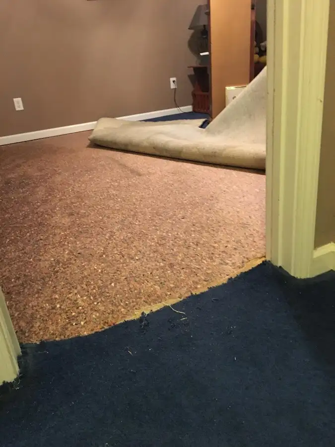 Carpet pad removal revealing water damage during Drying & Dehumidification in St. John